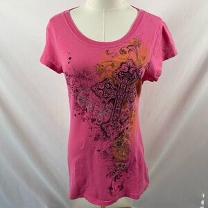 Rocker Girl pink and orange cross t shirt size large Y2K Mcbling grunge